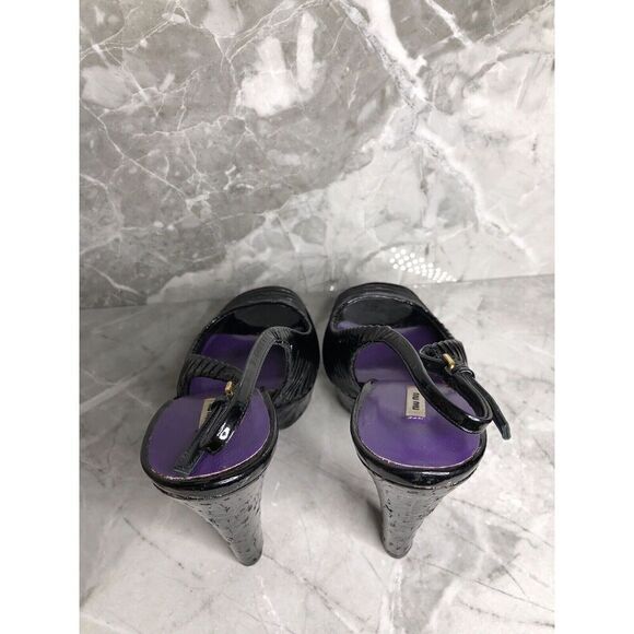 MIU MIU Black Patent Leather Peep Ankle Strap Platform Stiletto Heels Women 38.5 - Picture 8 of 16